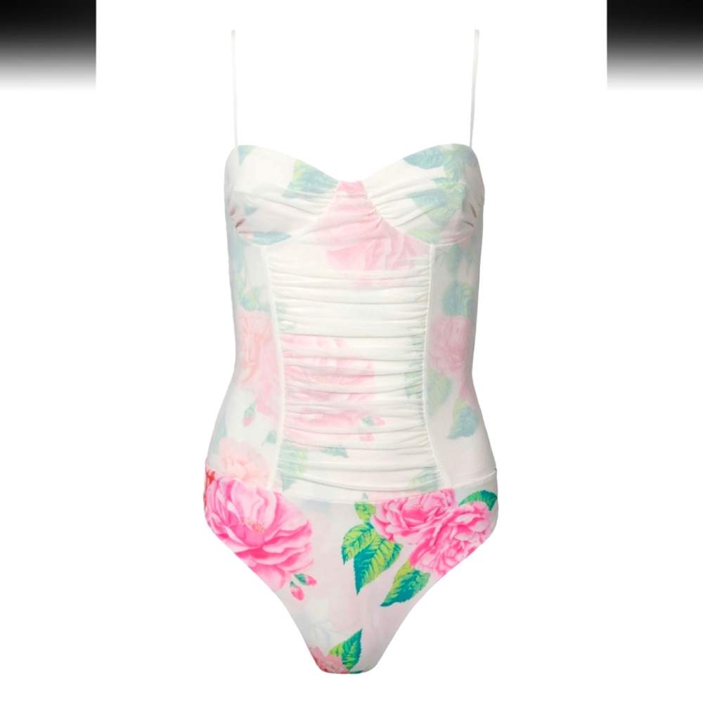 AFRM Kat Corset Ruched Mesh Bodysuit In Blanc Bouquet Pink Flowers Size Medium